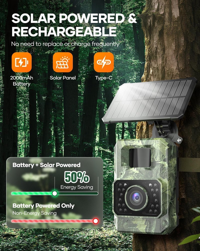 Assark Solar Trail Camera 48MP 30FPS, WiFi Bluetooth Game Camera with Motion Activated 0.2s Trigger, Night Vision Motion Activated IP66 Waterproof for Wildlife Scouting with 32GB Micro SD Card - Image 2